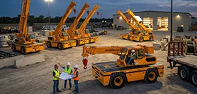 Broderson IC-200 carry deck cranes lined up and ready for heavy picks, day or night.