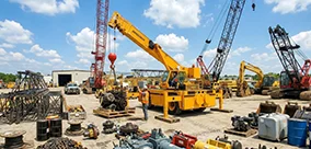 Broderson carry deck crane handling a hevy component lift in a busy equipment yard.