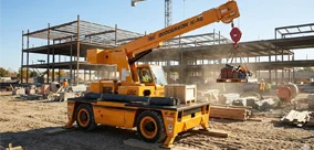 This Broderson IC-40 carry deck crane lifting wooden beams.