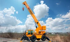 A Broderson RT-400 crane sits stabilized on outrigger with its boom extended for high-access lifting.