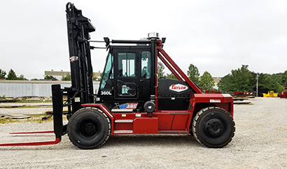 Taylor XH360L Heavy Duty Forklift on the job site, its right side profile
